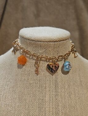 Gold Charm Chain Bracelet with Orange Flower & Blue Glass Beads